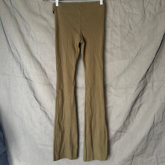 Zara Olive Green Ribbed Boot Cut Pants with Attached Waist Buckle Detail Size M - Picture 4 of 6